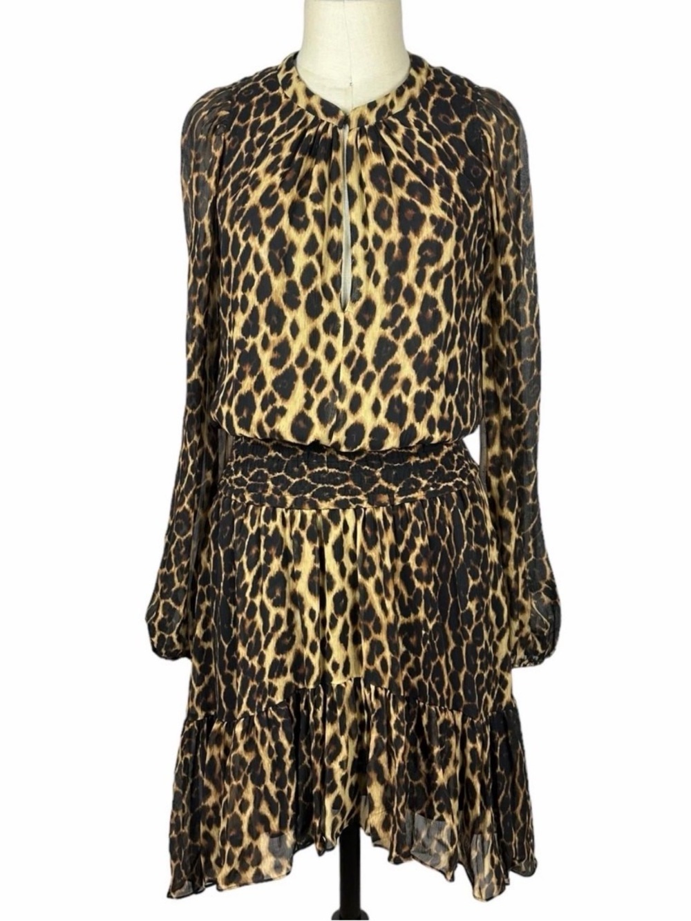 A.L.C. Silk Leopard Print Long Sleeve V-Neck Dress Brown/Black animal print